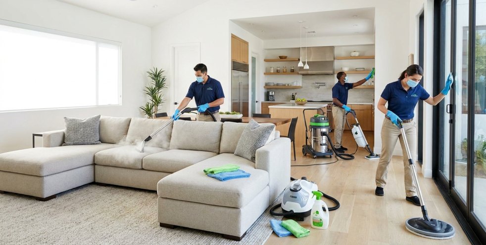 Cleaning crew deep cleaning a modern home living room and kitchen with vacuums and supplies