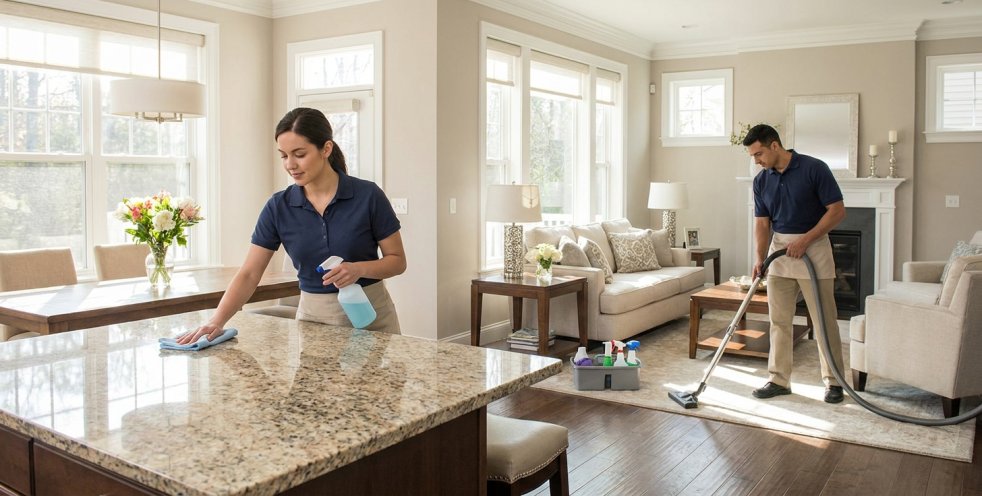 House cleaners wiping a kitchen counter and vacuuming a living room in a bright home